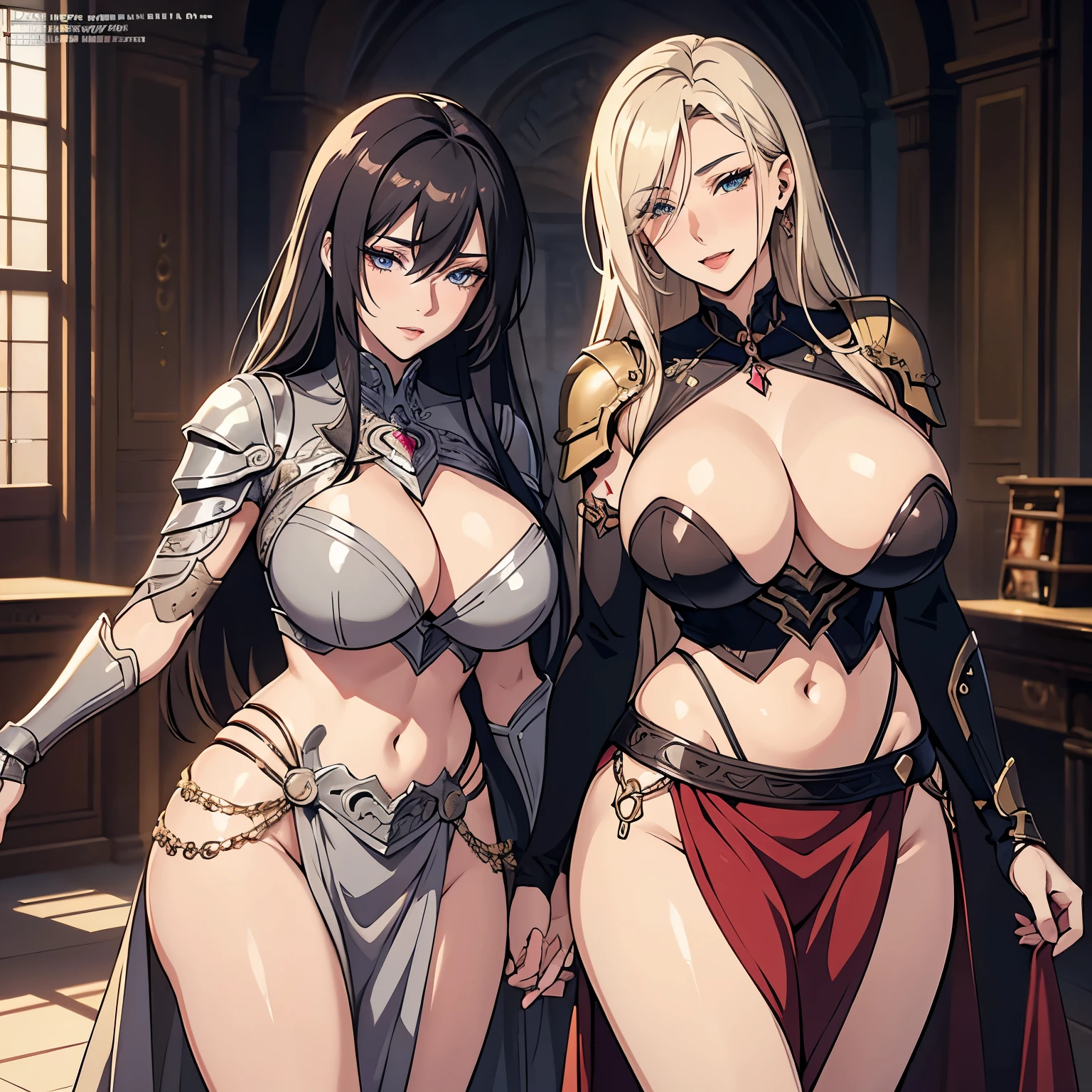 Elegant mature woman, beautiful, 2girl, two girl ,long hair,mature female,makeup,eyelashes,blush, lipstick, masterpiece, best quality, highly detailed, fantasy , a anime girls in armored dress holding a sword
posing for a picture, evil smile, smile, open mouth, breastplate with open cleavage, cleavage, warrior
outfit, ecchi anime style, anime girls, ecchi style, (nsfw) not safe for work, ecchi, digital anime art!!, in
anime style, official artwork, visual novel cg, beautiful anime girl, anime style 4 k , loincloth, exposed
belly, exposed navel, exposed midriff, exposed lower belly, pencil skirt armored, castle,inside castle
