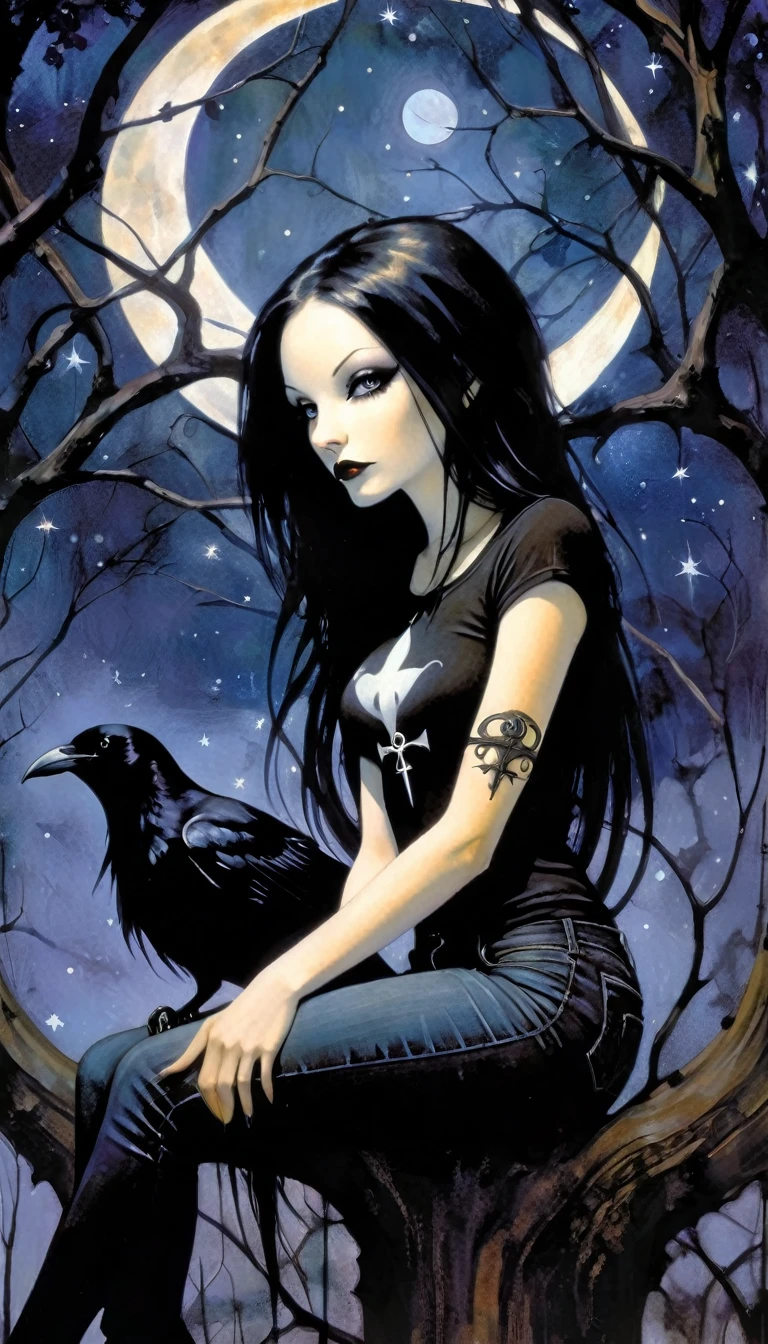 Sexy gothic girl, long black and straight hair, tight black t-shirt and jeans, small breasts, pale white skin tone, ankh symbol, a dark crow accompanies her, sitting under a tree with convoluted branches, magic, fantastic, night sky, moon , stars, background (simple oil painting in a Chris Bachalo style)