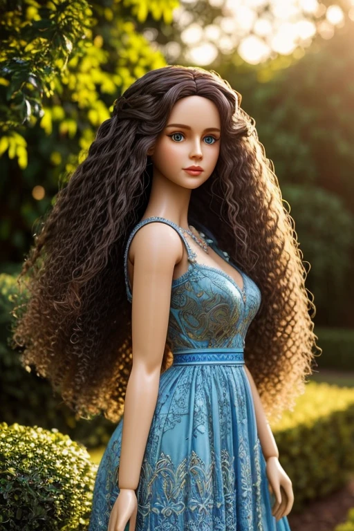 beautiful detailed doll with long curly hair past her waist, detailed face, beautiful blue eyes, detailed elegant dress, standing in a lush garden, golden hour lighting, cinematic composition, highly detailed, intricate details, photorealistic, 8k, masterpiece