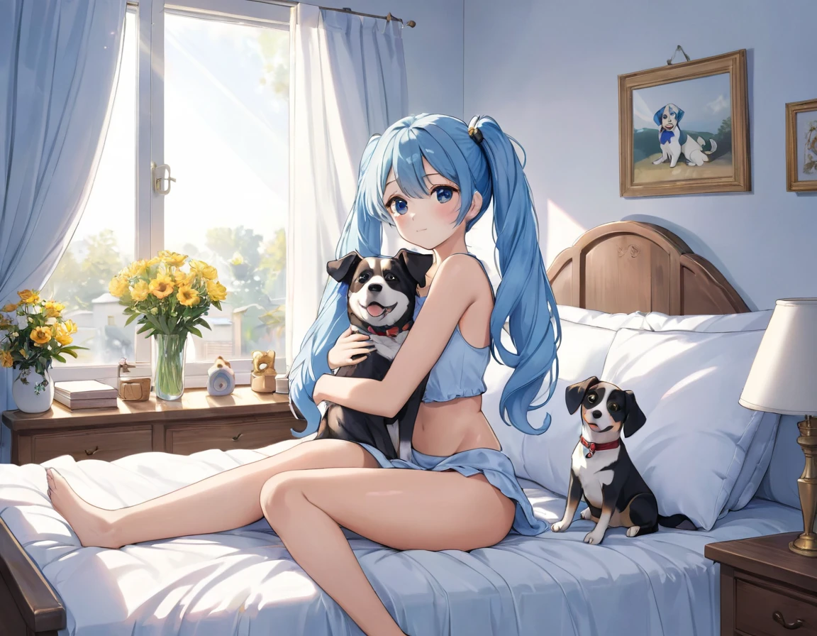 The room is decorated with many margaret flowers...、Margaret flowers on the windowsill、The morning sun is shining、Long light blue hair、beautiful girl with twin tails、Sitting on the bed hugging a big body pillow、My dog is watching over me by my bed.