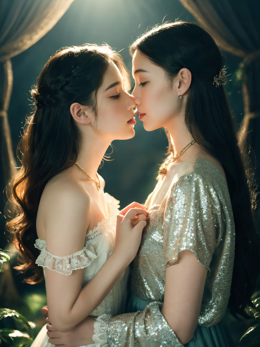 ( masterpiece, top quality, best quality,8k, girl,ultra detailed,raw photo:1.5),(photorealistic:1.4), (cinematic lighting), PerfectNwsjMajic, , Surrealism, UHD, ccurate, Super detail, textured skin, High detail, Best quality, dynamic angle, White skin,[Beautiful blue eyes], high nose,[flat chest:large breasts:0.5],(two girls is deeply in love with each other, kiss),(good anatomy:0.5)), Dreamy atmosphere, Dark,expressive brush strokes, mystical ambiance, Artistic interpretation, Stunning Studio Ghibli style costumes, a whimsical illustration, Subtle colors and tones, mystical aura, jewelry ,sparkling, long airy hair , 