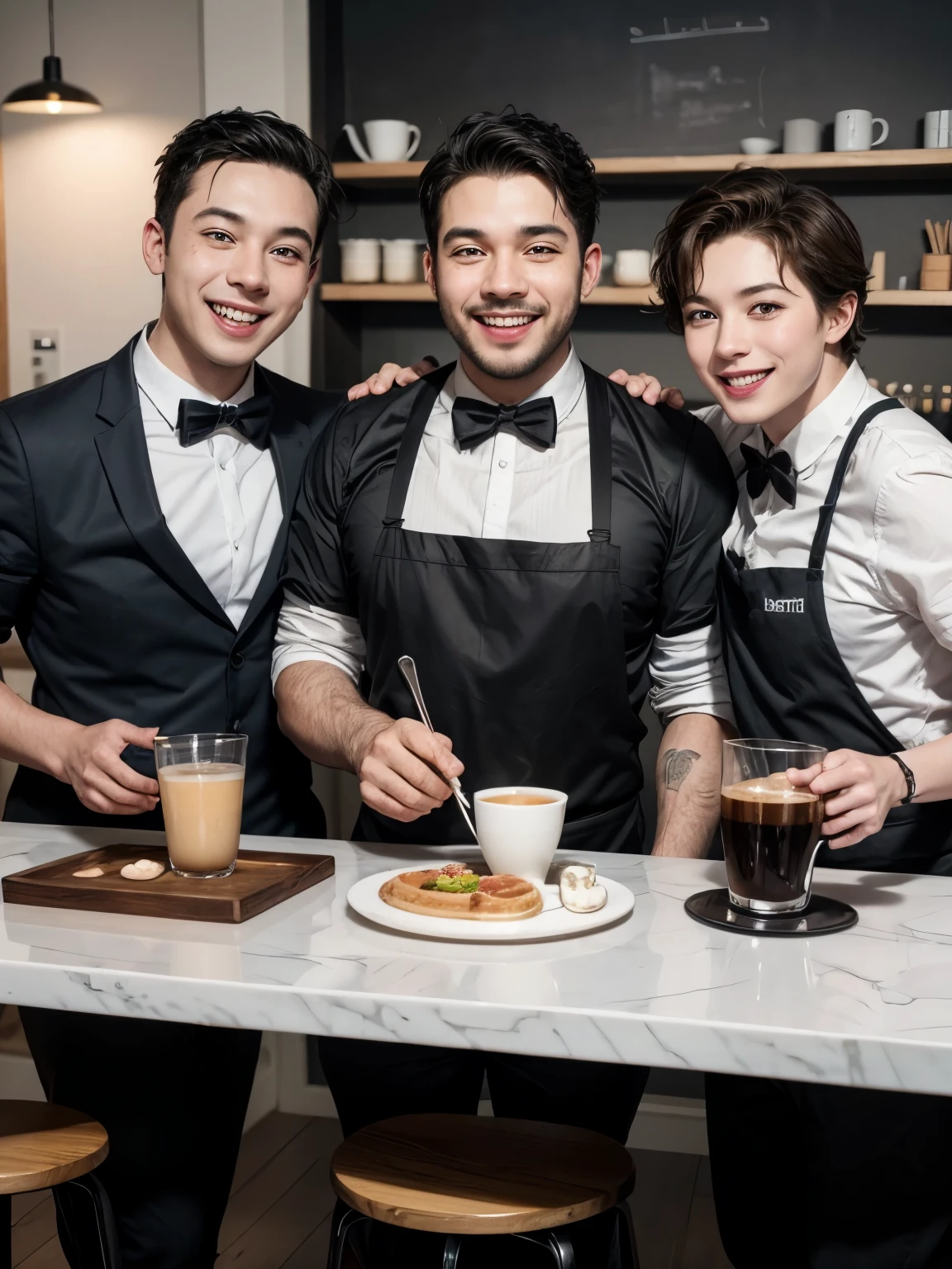 Create an artwork containing a happy waiter, a happy black cook, a happy LGBT barista, a happy chubby financial manager, a happy trans HR professional and a T professional.I happy