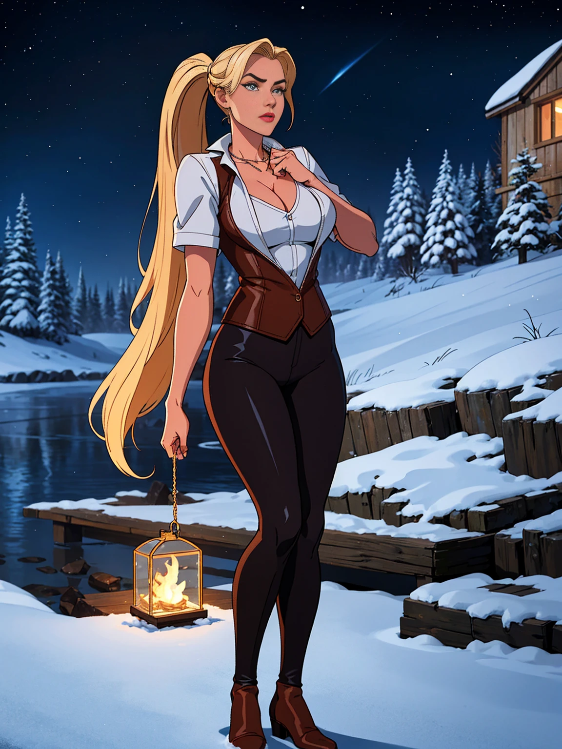 ((Full body photo, standing, )) A self-portrait sketch of One ultra hot gorgeous European women, age 23, blonde hair with a ponytail wearing a brown leather vest and a silver necklace. She’s a playmate, men magazine model.slim body.
Outside In a snowy village, winter landscape, starry night, northern lights.
Perfect anatomy, perfect hair, perfect breast, perfect body, perfect hands, perfect face, UHD, retina, masterpiece, accurate, anatomically correct, textured skin, super detail, high details, high quality, award winning, best quality, highres, 16k, 8k,.