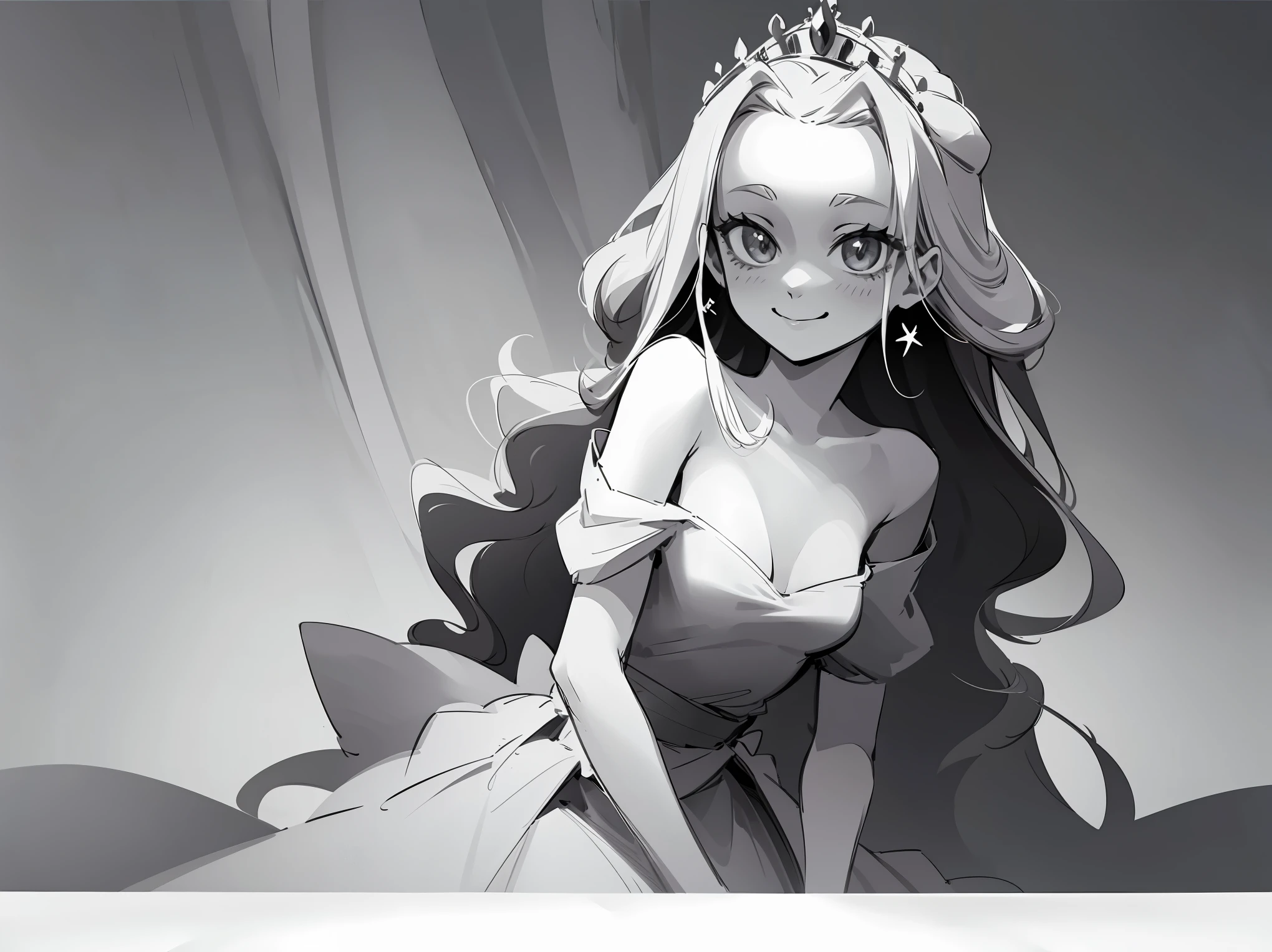 Best quality: 1.0), (Super High Resolution: 1.0), matured princess, monochrome, smile