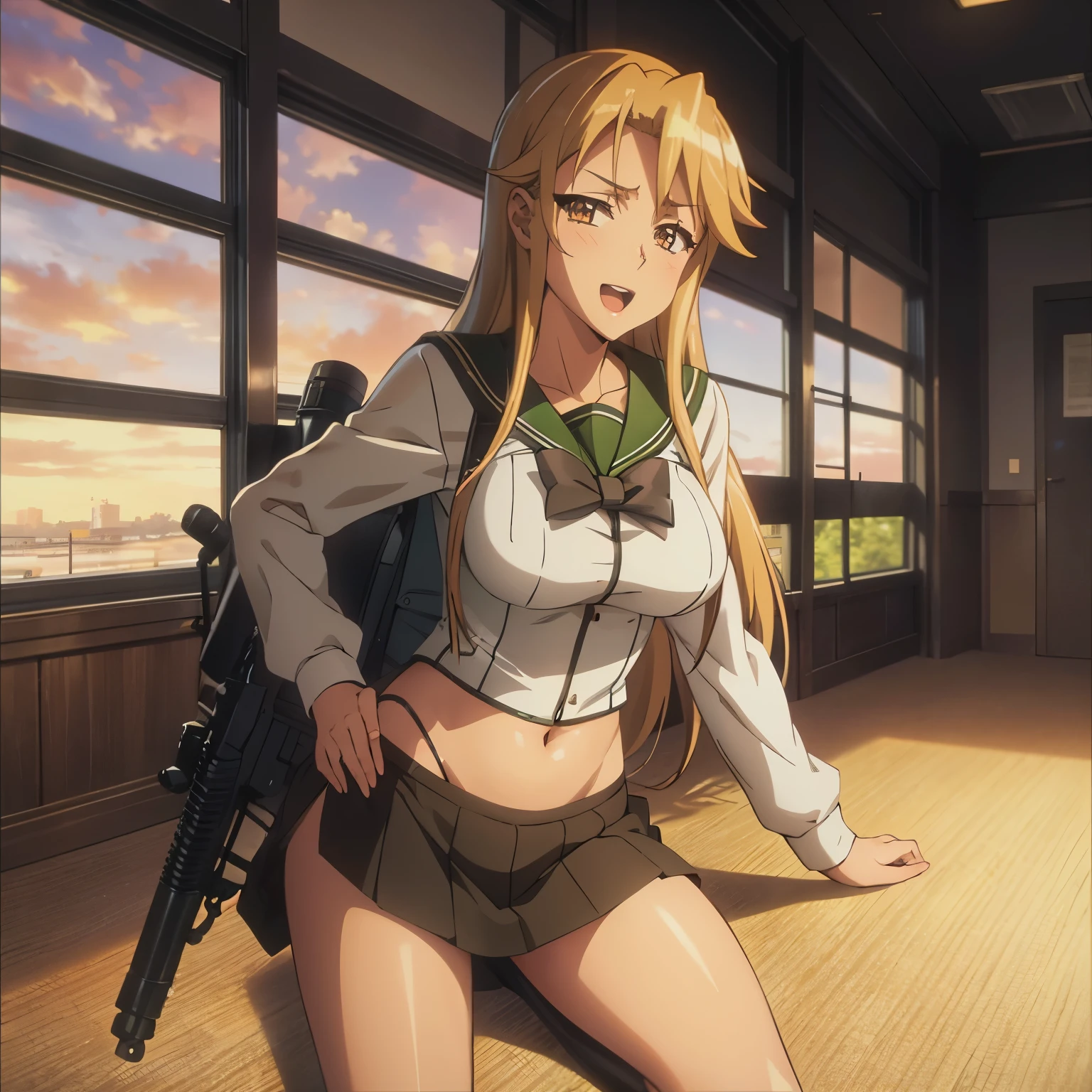  1girl, (sexy, beautiful woman, perfect face, perfect eyes, perfect female body, medium breasts:1.5), (KurumiSSakazaki, long hair, blonde hair,  gloves,  red choker,  hair over one eye, blush, lipstick, masterpiece, best quality, highly detailed, a anime girls in sailor uniforms with a gun posing for a picture,
evil smile, smile, open mouth,black_serafuku, ecchi anime style, anime girls , 
ecchi style, ecchi, shipgirls, digital anime art!!, high school girls, holding a gun, hold a gun, anime style 4
k, micro skirt, exposed belly, exposed navel, exposed midriff,
exposed lower belly,school, classroom, 