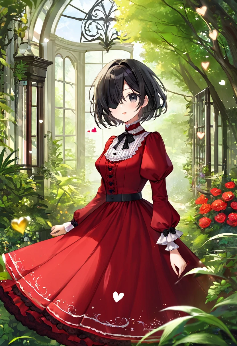 a girl with short black hair, and black eyes that intimidate, with a heart eye patch, She is dressed in a red dress from the Victorian era, and that your environment is nature