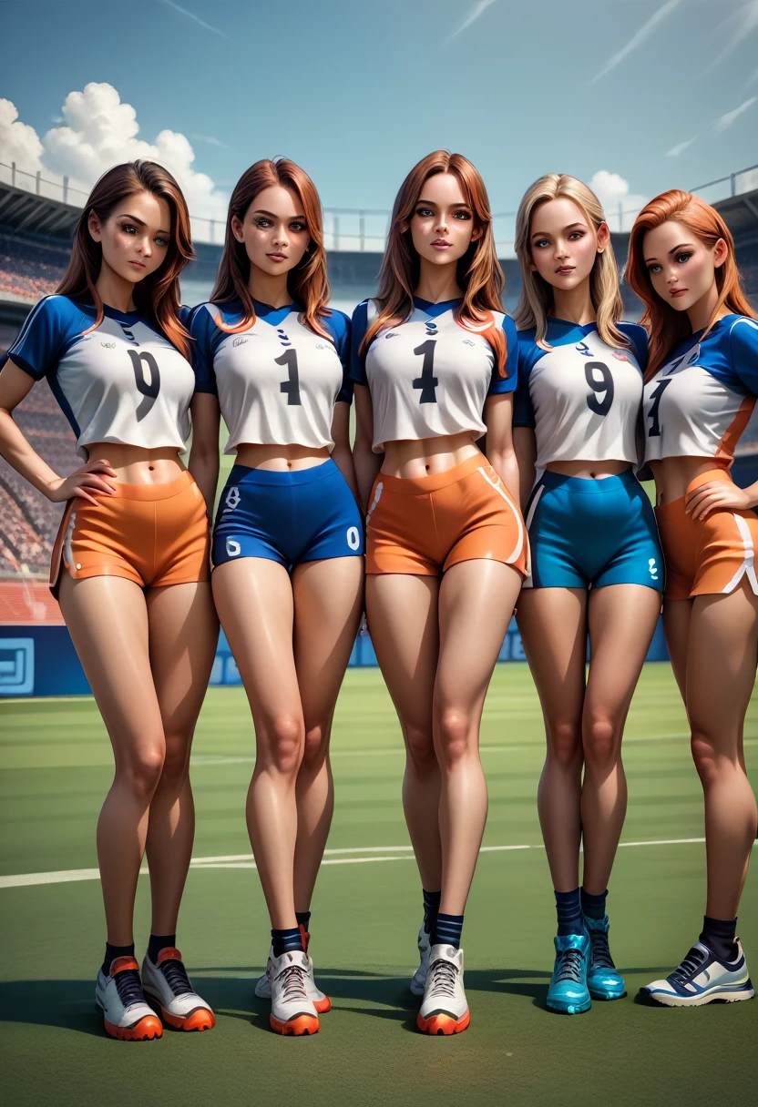 close up, 6 Women soccer team players, wearing the same color, different women, stadium background, 3d realistic anime,