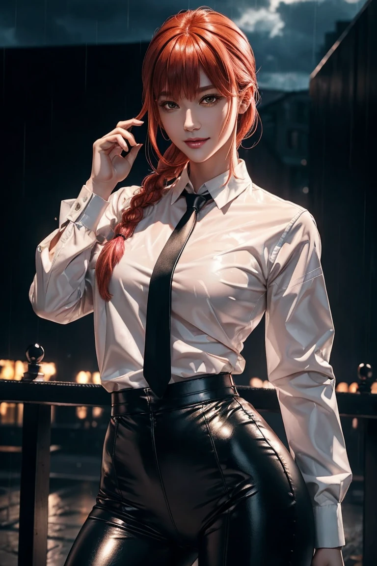 Chainsaw Man,Makima,With bangs,Red Hair,Braids at the back,Golden Eyes,White long sleeve shirt,Black tie,Black Leather Pants,Ultra HD,super high quality,masterpiece,Digital SLR,Photorealistic,Detailed details,Vivid details,Depicted in detail,A detailed face,Detailed details,Super Detail,Realistic skin texture,Anatomical basis,Perfect Anatomy,Anatomically correct hand,Anatomically correct fingers,Complex 3D rendering,Sexy pose,Rainy Sky,Beautiful scenery,Fantastic rainy sky,Picturesque,Pink Lips,smile,
