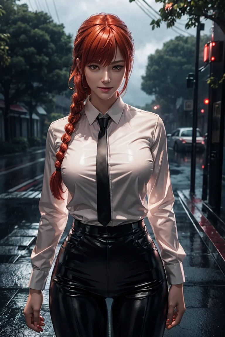 Chainsaw Man,Makima,With bangs,Red Hair,Braids at the back,Golden Eyes,White long sleeve shirt,Black tie,Black Leather Pants,Ultra HD,super high quality,masterpiece,Digital SLR,Photorealistic,Detailed details,Vivid details,Depicted in detail,A detailed face,Detailed details,Super Detail,Realistic skin texture,Anatomical basis,Perfect Anatomy,Anatomically correct hand,Anatomically correct fingers,Complex 3D rendering,Sexy pose,Rainy Sky,Beautiful scenery,Fantastic rainy sky,Picturesque,Pink Lips,smile,