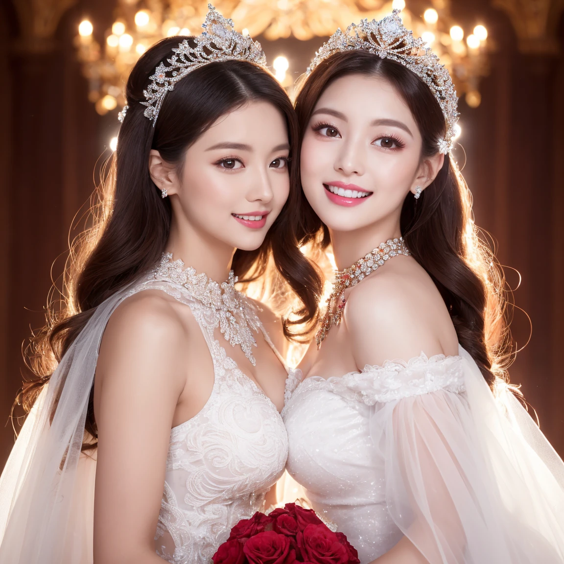 (highest quality、table top、8k、best image quality、Award-winning work)、two pregnant bride is deeply in love with each other, kiss、The most extravagant and finest giant wedding dresses、The most luxurious and highest quality giant tiara、The most luxurious and highest quality giant necklace、the biggest smile looking at me、Large amount of finest jewelry decorations、(Background of a palace flower garden filled with a large amount of flowers:1.1)、(beautiful luxury palace flower garden:1.1)、(Shining white marble columns are lined up regularly on the left and right.:1.1)、(A symmetrical front composition with depth:1.3)、(A huge, high-quality flower arch made of tons of roses:1.3)、(Lots of colorful roses in pink, white and red:1.1)、fantasy、perfect makeup、long eyelashes、Super high-definition sparkling eyes、ultra high definition hair、ultra high resolution glossy lips、Super high resolution perfect teeth、Beautiful face in super high resolution、(accurate anatomy:1.1)、(Beautiful skin that shines very brightly:1.2)、(very bright and vivid:1.2)