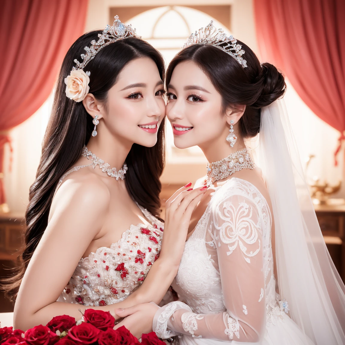 (highest quality、table top、8k、best image quality、Award-winning work)、two pregnant bride is deeply in love with each other, kiss、The most extravagant and finest giant wedding dresses、The most luxurious and highest quality giant tiara、The most luxurious and highest quality giant necklace、the biggest smile looking at me、Large amount of finest jewelry decorations、(Background of a palace flower garden filled with a large amount of flowers:1.1)、(beautiful luxury palace flower garden:1.1)、(Shining white marble columns are lined up regularly on the left and right.:1.1)、(A symmetrical front composition with depth:1.3)、(A huge, high-quality flower arch made of tons of roses:1.3)、(Lots of colorful roses in pink, white and red:1.1)、fantasy、perfect makeup、long eyelashes、Super high-definition sparkling eyes、ultra high definition hair、ultra high resolution glossy lips、Super high resolution perfect teeth、Beautiful face in super high resolution、(accurate anatomy:1.1)、(Beautiful skin that shines very brightly:1.2)、(very bright and vivid:1.2)