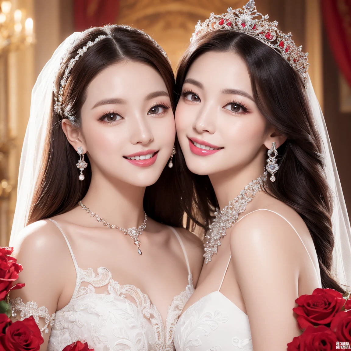 (highest quality、table top、8k、best image quality、Award-winning work)、two pregnant bride is deeply in love with each other, kiss、The most extravagant and finest giant wedding dresses、The most luxurious and highest quality giant tiara、The most luxurious and highest quality giant necklace、the biggest smile looking at me、Large amount of finest jewelry decorations、(Background of a palace flower garden filled with a large amount of flowers:1.1)、(beautiful luxury palace flower garden:1.hining white marble columns are lined up regularly on the left and right.:1.1)、(A symmetrical front composition with depth:1.3)、(A huge, high-quality flower arch made of tons of roses:1.3)、(Lots of colorful roses in pink, white and red:1.1)、fantasy、perfect makeup、long eyelashes、Super high-definition sparkling eyes、ultra high definition hair、ultra high resolution glossy lips、Super high resolution perfect teeth、Beautiful face in super high resolution、(accurate anatomy:1.1)、(Beautiful skin that shines very brightly:1.2)、(very bright and vivid:1.2)