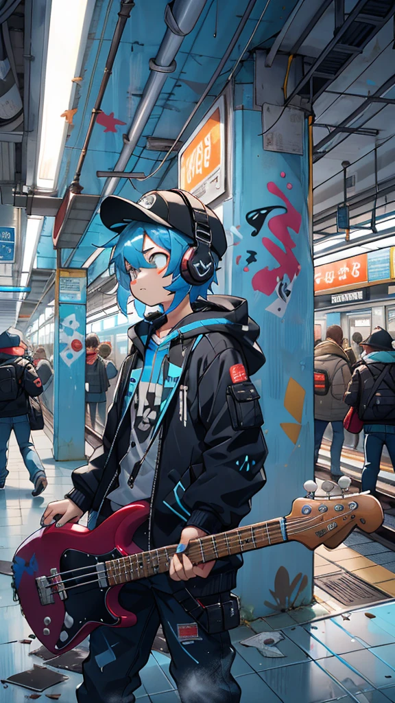 In a gritty subway station, the solo teenager leans against a graffiti-covered pillar. Their blue hair contrasts with the grimy surroundings. They wear a black cap, oversized headphones, and a bass guitar slung over their shoulder. The chaotic background includes commuters rushing past, flickering fluorescent lights, and distant train tracks