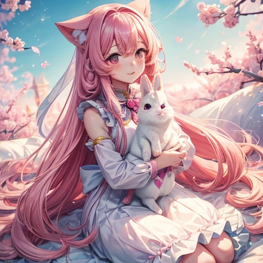 Long pink haired anime girl holding a white rabbit, Cute anime waifu in a nice dress, Anime Art Wallpapers 8K, Anime Wallpaper, Anime Style 4k, anime art wallpaper 4k, anime art wallpaper 4k, Beautiful anime style, Beautiful Anime Girls, Long Hair Anime Girl, Very Beautiful Anime Cat Girl, Cute Anime Girl, Anime Wallpaper4k
