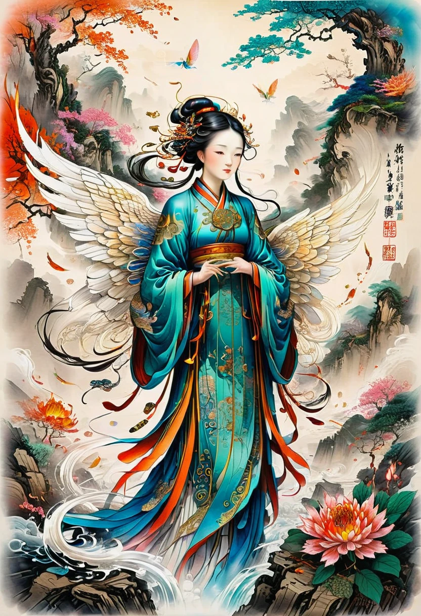 angel, wings, full body, by Qi Baishi and Chen Longque and Chen Dingbo, best quality, masterpiece, very aesthetic, perfect composition, intricate details, ultra-detailed, vibrant colors