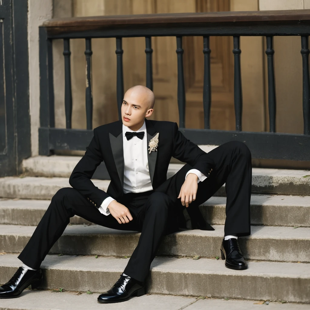 1 men, age 25, Scrawny, offwhite, baldie, formal outfit, chic, suit, social shoe, sitting on the stairs, casa chic, millionaire, luxury house