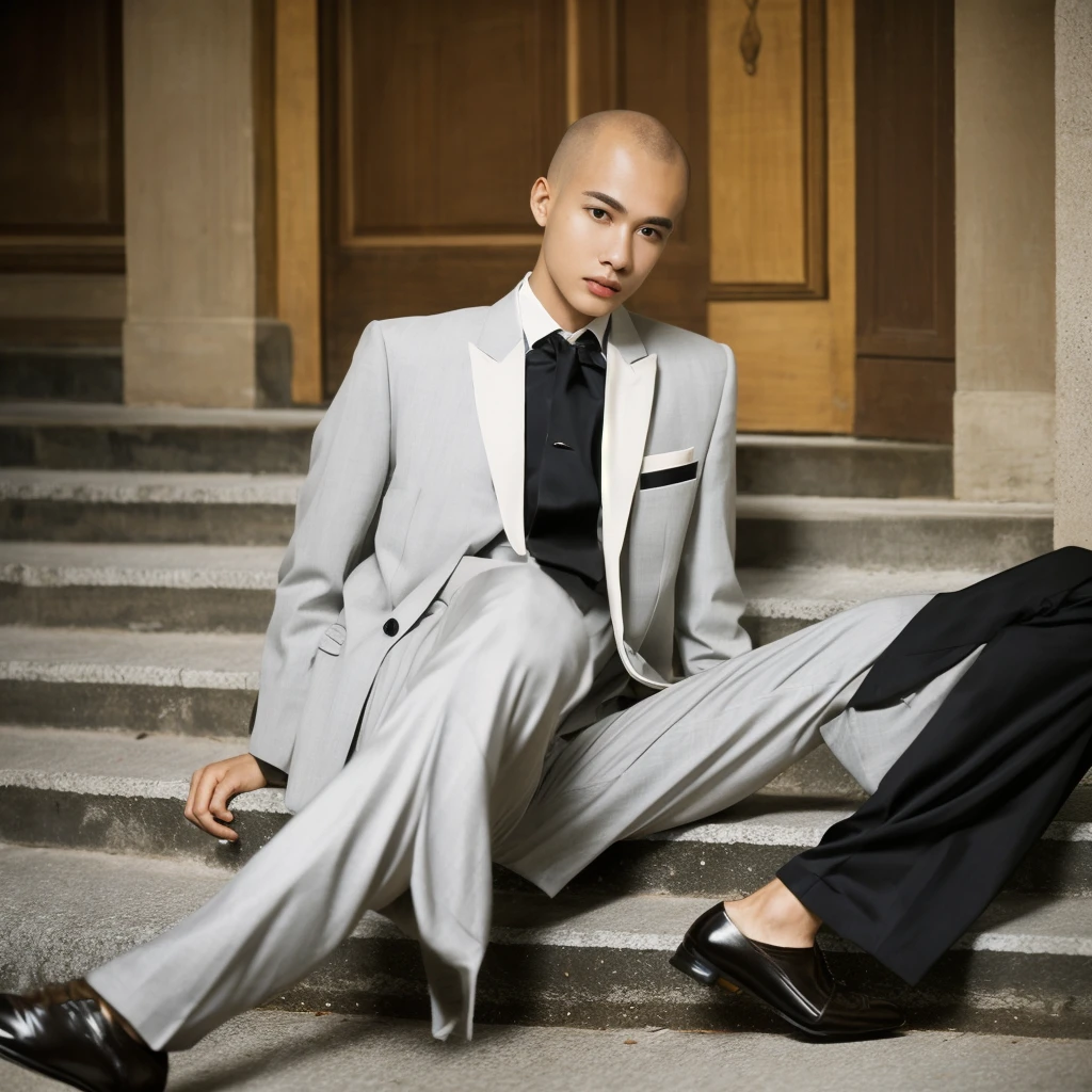 1 men, age 25, Scrawny, offwhite, baldie, formal outfit, chic, suit, social shoe, sitting on the stairs, casa chic, millionaire, luxury house