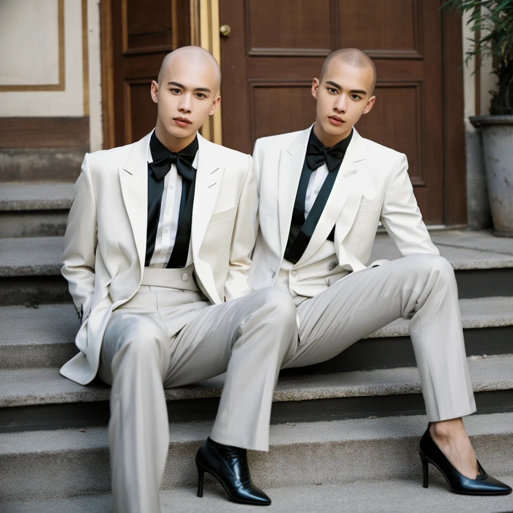 1 men, age 25, Scrawny, offwhite, baldie, formal outfit, chic, suit, social shoe, sitting on the stairs, casa chic, millionaire, luxury house