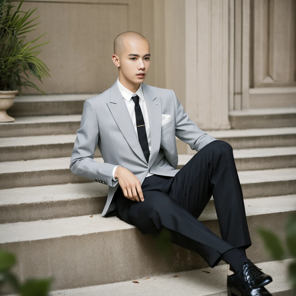 1 men, age 25, Scrawny, offwhite, baldie, formal outfit, chic, suit, social shoe, sitting on the stairs, casa chic, millionaire, luxury house 
