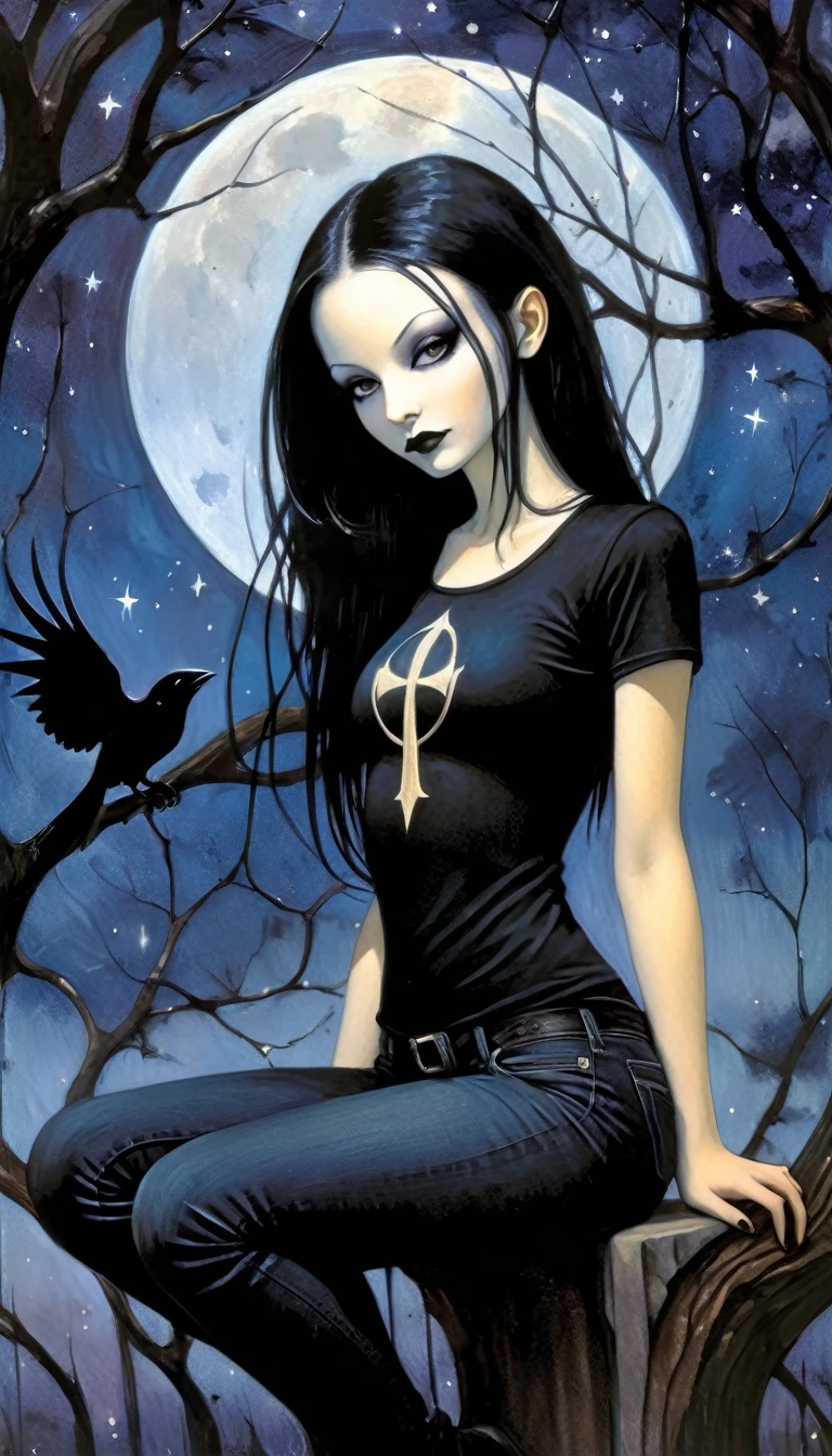 Sexy gothic girl, long black and straight hair, tight black t-shirt and jeans, small breasts, pale white skin tone, ankh symbol, a dark crow accompanies her, sitting under a tree with convoluted branches, magic, fantastic, night sky, moon , stars, background (simple oil painting in a Dave mcKean style)