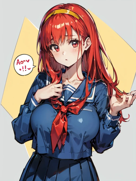 fujisaki shiori, ((masterpiece)), ((best quality)), (ultra-detailed), ((extremely detailed)), 4K, (8K), , 1girl, (((full color))), (((perfect anatomy))), (five fingers), , (beautiful detailed hair), (((world-class quality))), photorealistic, extremely detailed, high resolution, (((detailed shaded pretty face))), house wife, beautiful detailed eyes, solo, ((glowing detailed skin and hair)), white-skinned, ((((gleaming skin)))), fucked silly, full-face blush, (sagging breasts), plump BREAK yellow hairband, , serafuku, long sleeves, pleated skirt BREAK
