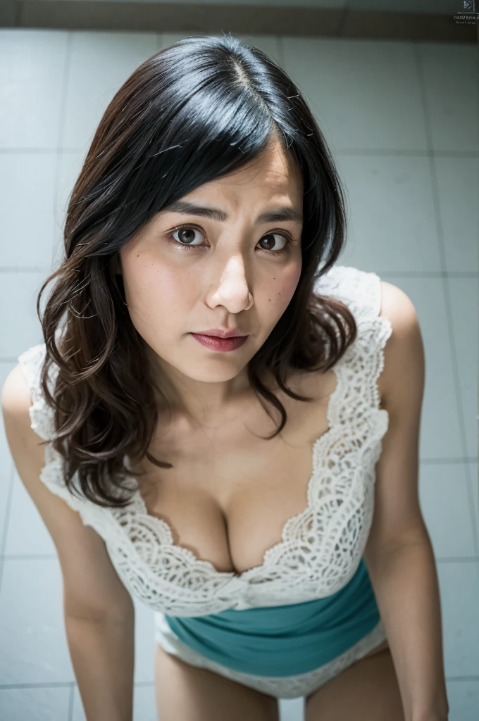 ((Best Quality, 8k, Masterpiece, Portrait: 1.3, Photorealistic)), (from below, look down, looking at viewer), (cowboy shot), Solo, Japan Milf, Beauty, Sharp Focus, (shy expression), Cloth with Cleavage View, 35 Years Old, Wavy Hair, Wrinkles at the Corners of the Eyes, Emphasized, lewd, gorgeous bra, wet bathroom floors,