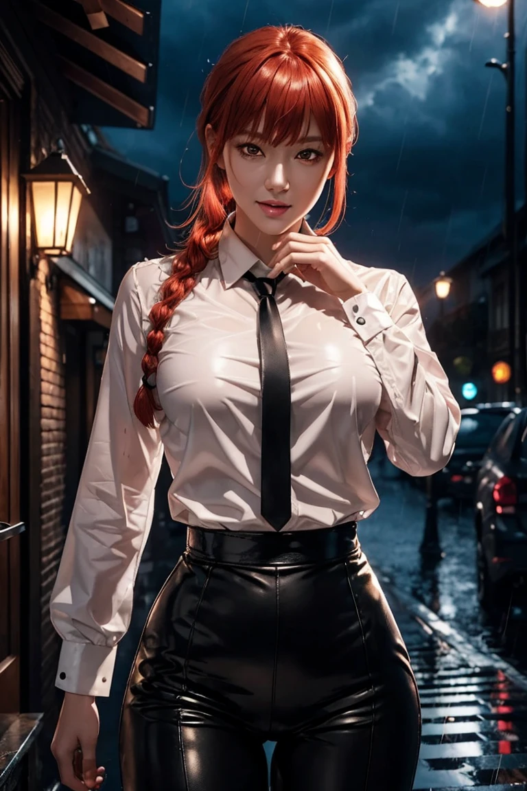Chainsaw Man,Makima,With bangs,Red Hair,Braids at the back,Golden Eyes,White long sleeve shirt,Black tie,Black Leather Pants,Ultra HD,super high quality,masterpiece,Digital SLR,Photorealistic,Detailed Details部,Vivid details,Depicted in detail,A detailed face,Detailed Details,Super Detail,Realistic skin texture,Anatomical basis,Perfect Anatomy,Anatomically correct hand,Anatomically correct fingers,Complex 3D rendering,Sexy pose,Rainy Sky,Beautiful scenery,Fantastic rainy sky,Picturesque,Pink Lips,smile,