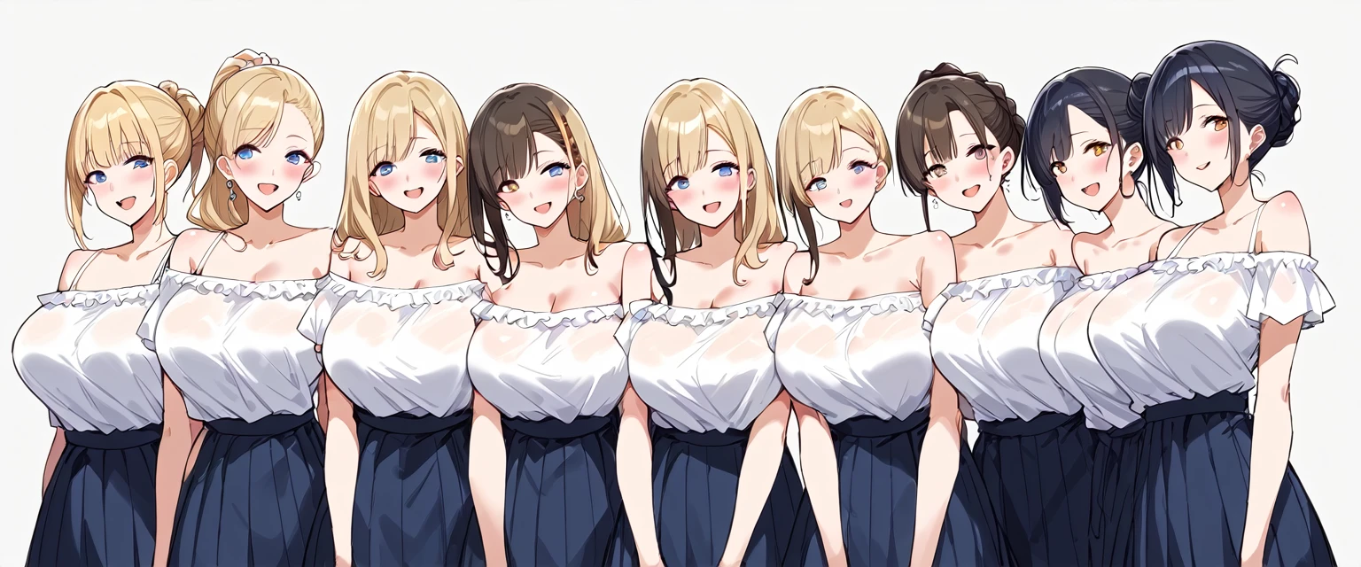 masterpiece, best quality, simple background, random hairstyle, large breasts, 6 girls, bare shoulder,