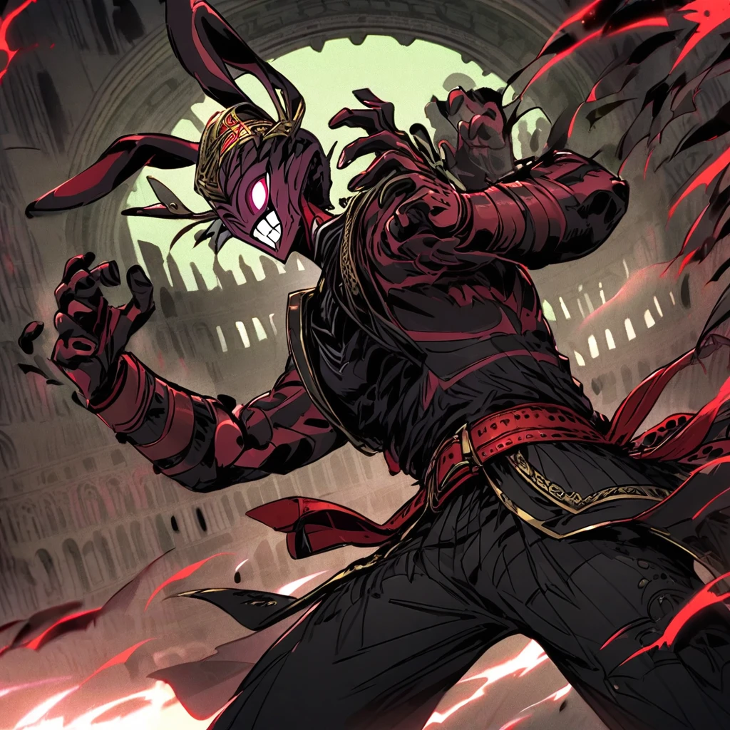(well done: 1) humanoid rabbit, gold earrings in the rabbit's ears, dark pink left eye, light green right eye, black tank top, bands on the hands up to the forearms, black pants with a red belt on the waist, red sneakers with details black. in a battle pose with a defiant smile on his face in a coliseum.