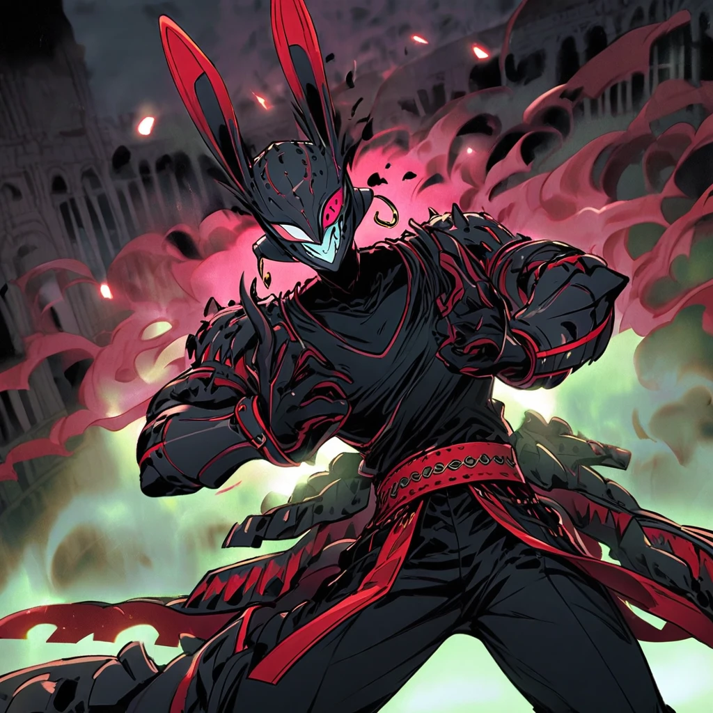 (well done: 1) humanoid rabbit, gold earrings in the rabbit's ears, dark pink left eye, light green right eye, black tank top, bands on the hands up to the forearms, black pants with a red belt on the waist, red sneakers with details black.  in a battle pose with a defiant smile on his face in a coliseum.