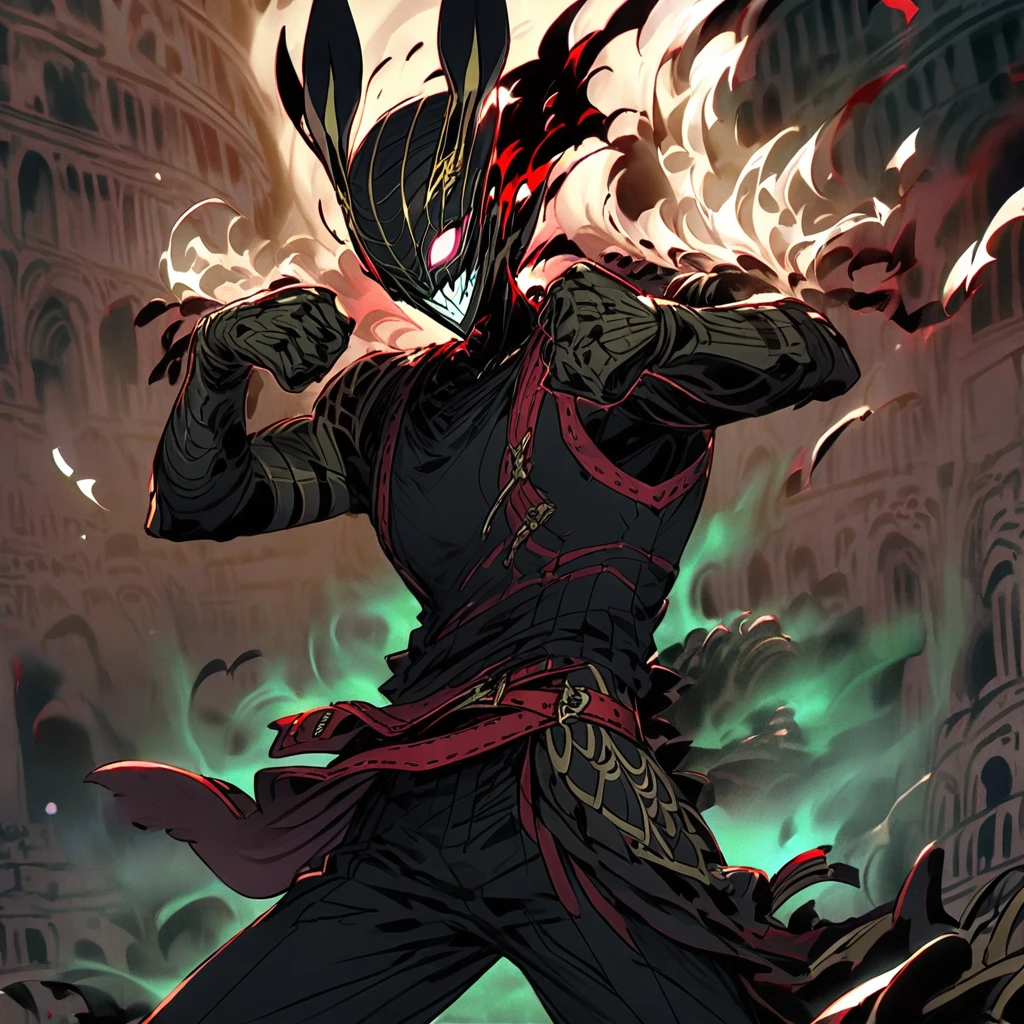 (well done: 1) humanoid rabbit, gold earrings in the rabbit's ears, dark pink left eye, light green right eye, black tank top, bands on the hands up to the forearms, black pants with a red belt on the waist, red sneakers with details black. in a battle pose with a defiant smile on his face in a coliseum.