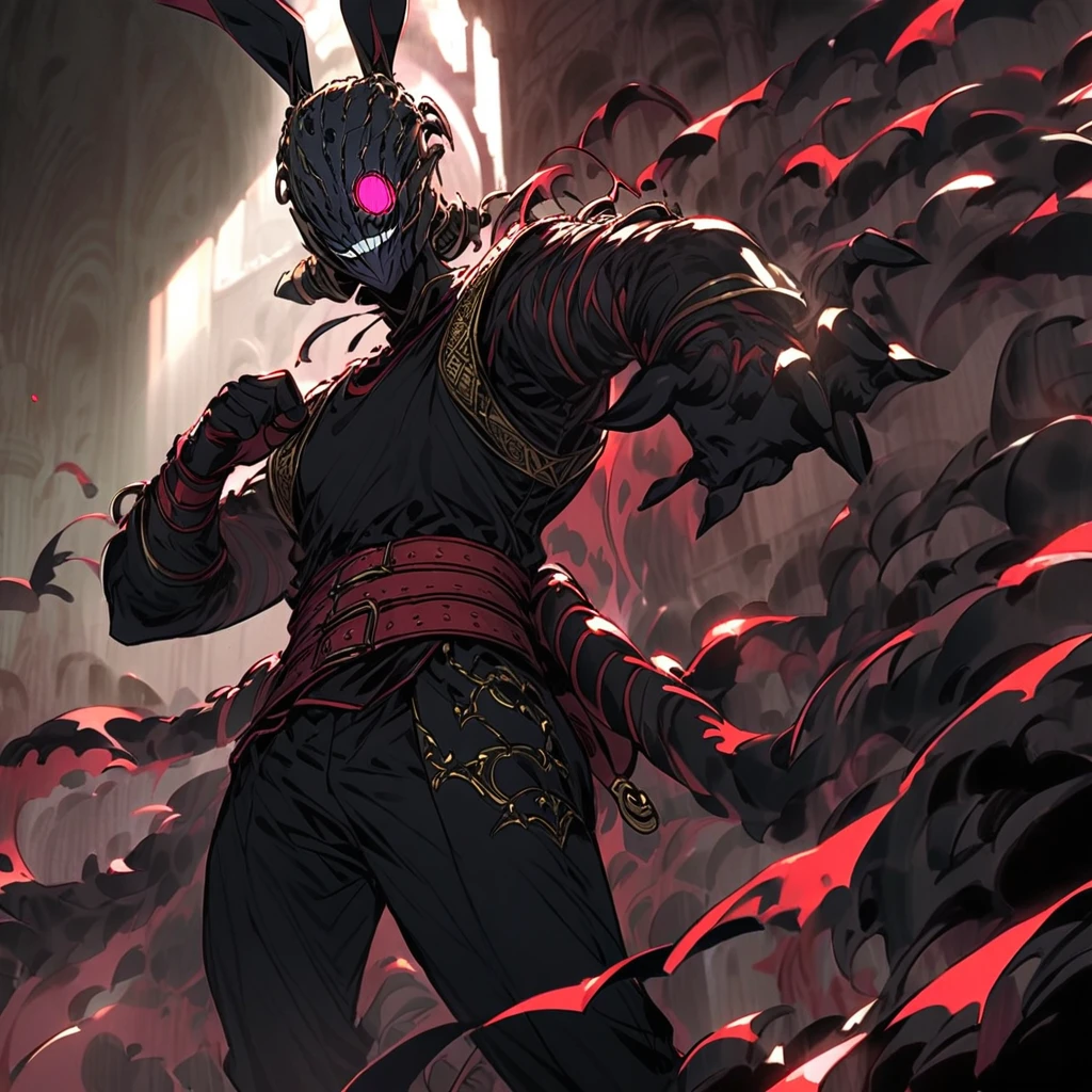 (well done: 1) humanoid rabbit, gold earrings in the rabbit's ears, dark pink left eye, light green right eye, black tank top, bands on the hands up to the forearms, black pants with a red belt on the waist, red sneakers with details black. in a battle pose with a defiant smile on his face in a coliseum.