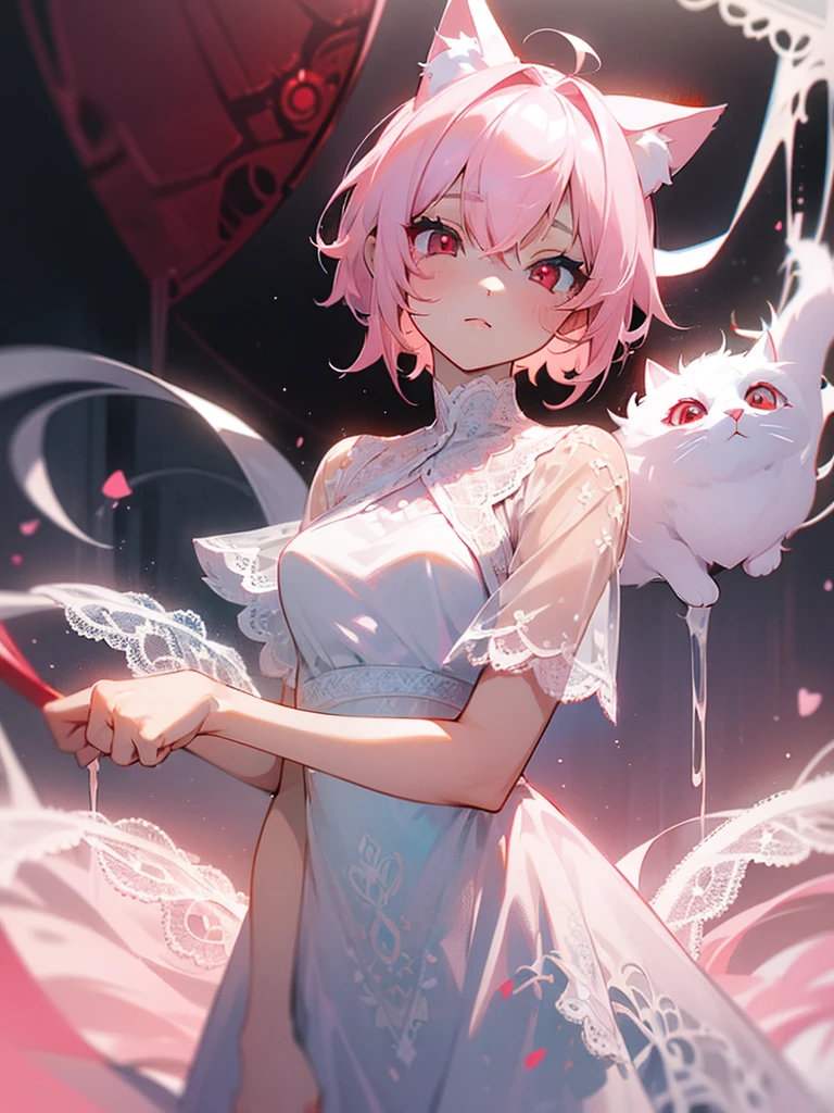 ((Light pink hair)),((blue eyes)) ((White lace dress)) ((Cat ear ((Red eyes))
((Young Girl))