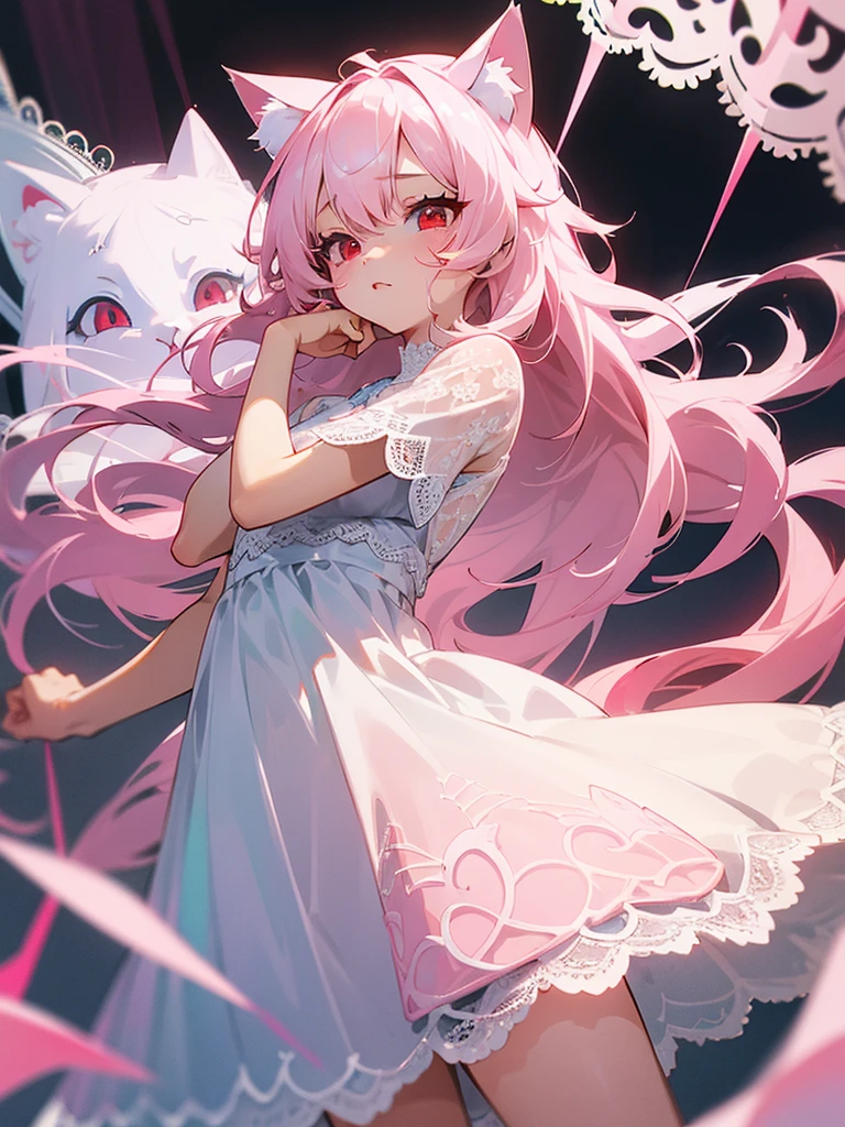 ((Light pink hair)),((blue eyes))  ((White lace dress))  ((Cat ear  ((Red eyes))
((Young Girl))