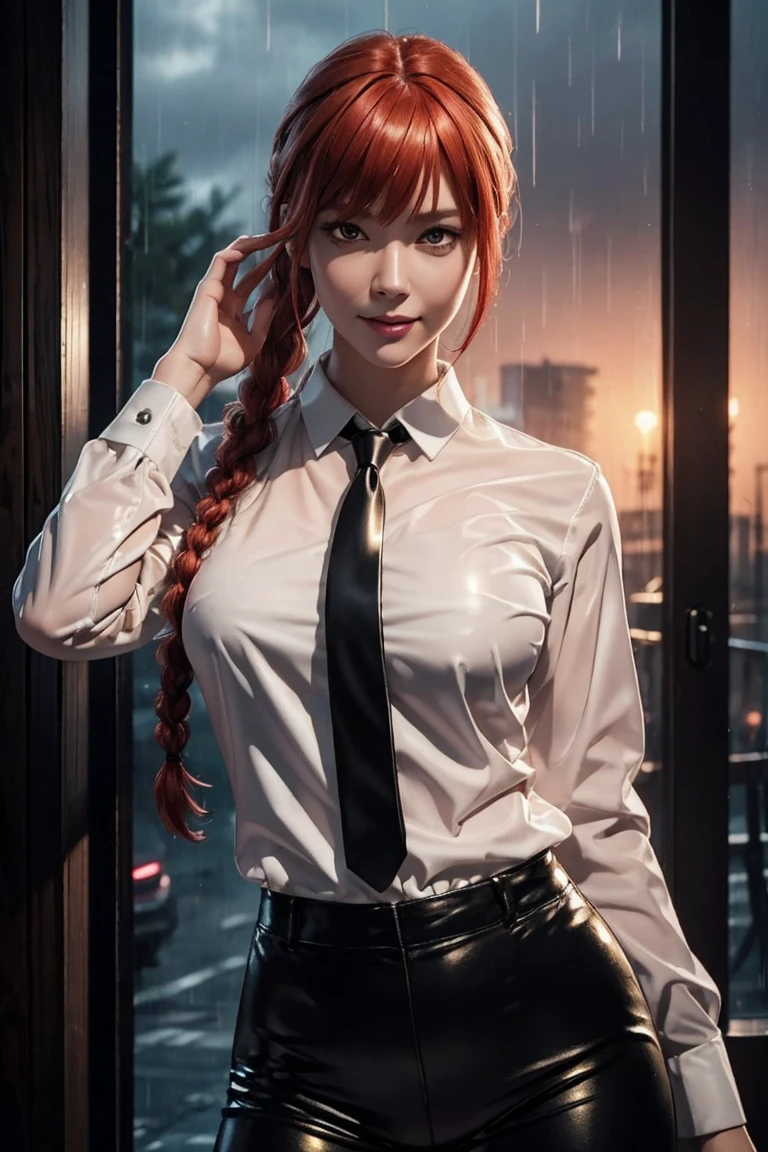 Chainsaw Man,Makima,With bangs,Red Hair,Braids at the back,Golden Eyes,White long sleeve shirt,Black tie,Black Leather Pants,Ultra HD,super high quality,masterpiece,Digital SLR,Photorealistic,Detailed details,Vivid details,Depicted in detail,A detailed face,Detailed details,Super Detail,Realistic skin texture,Anatomical basis,Perfect Anatomy,Anatomically correct hand,Anatomically correct fingers,Complex 3D rendering,Sexy pose,Rainy Sky,Beautiful scenery,Fantastic rainy sky,Picturesque,Pink Lips,smile,