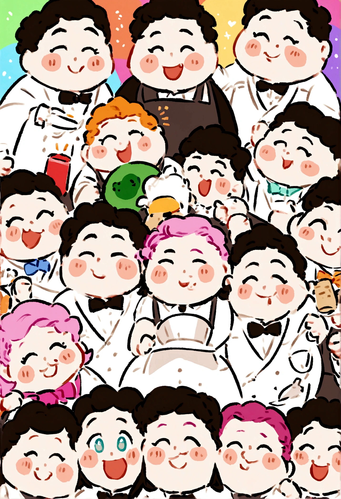 Create art in a single image containing a happy waiter in animation form, a happy black cook, a happy LGBT barista, a happy chubby financial manager, a happy trans HR professional and a T professional.I happy