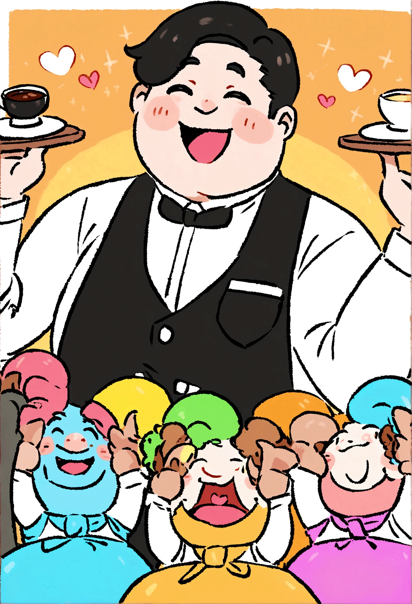 Create art in a single image containing a happy waiter in animation form, a happy black cook, a happy LGBT barista, a happy chubby financial manager, a happy trans HR professional and a T professional.I happy