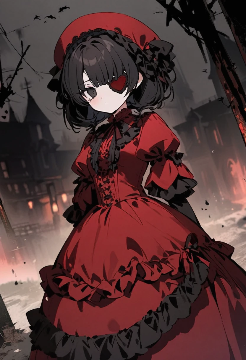 a girl with short black hair, and evil black eyes, with a heart eye patch, She is dressed in a red dress from the Victorian era, and that your environment is dark and gloomy nature