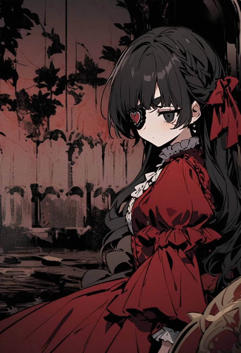 a girl with short black hair, and evil black eyes, with a heart eye patch, She is dressed in a red dress from the Victorian era, and that your environment is dark and gloomy nature