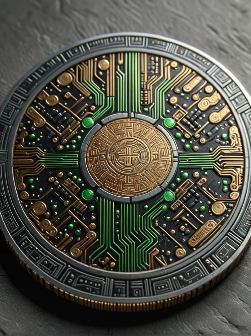 a crazy circuit coin, best qualityer, (hyperdetailed, More Detailed:1.2), high resolution textures