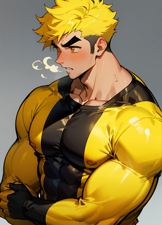 anime characters：Gyee, Priapuuscle Sports Student, 1 muscular tough guy, Manliness, male focus, Light yellow high collar long sleeve tight T-shirt, Very tight, The clothes were soaked with sweat, The pectoral muscles are oversized, Slightly transparent, muscular male, muscular, only, Upper body, alone, Black short hair, Thick eyebrows, stubble, Yellow eyes, Grey background, simple background, amazing quality, best aesthetics, Ridiculous, bright pupils, crew cut, parted lips, shy, blush, moaning, saliva trail, drop shadow, best quality