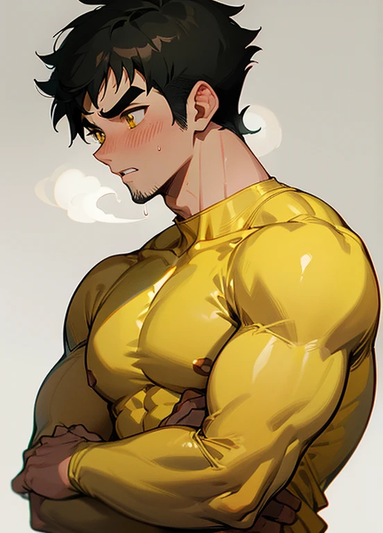 anime characters:Gyee, Priapuuscle Sports Student, 1 muscular tough guy, Manliness, male focus, Light yellow high collar long sleeve tight T-shirt, Very tight, The clothes were soaked with sweat, The pectoral muscles are oversized, Slightly transparent, muscular male, muscular, only, Upper body, alone, Black short hair, Thick eyebrows, stubble, Yellow eyes, Grey background, simple background, amazing quality, best aesthetics, Ridiculous, bright pupils, crew cut, parted lips, shy, blush, moaning, saliva trail, drop shadow, best quality