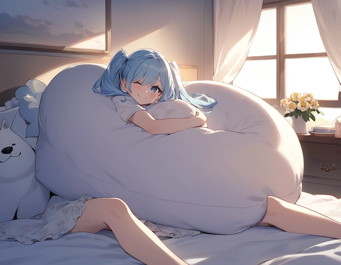The room is decorated with many margaret flowers...、Margaret flowers on the windowsill、The morning sun is shining、Long light blue hair、beautiful girl with twin tails、Bright smile、Sitting on the bed hugging a big body pillow、My dog is watching over me beside my bed