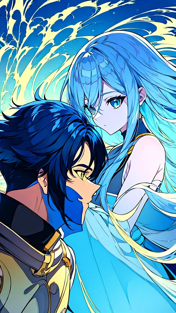 A Anime Girl Blue Hair Long Blue Eyes White Skin She Hold Hand with A Anime Boy Yellow Hair Black Skin Very Muscular Body Background Rooftop