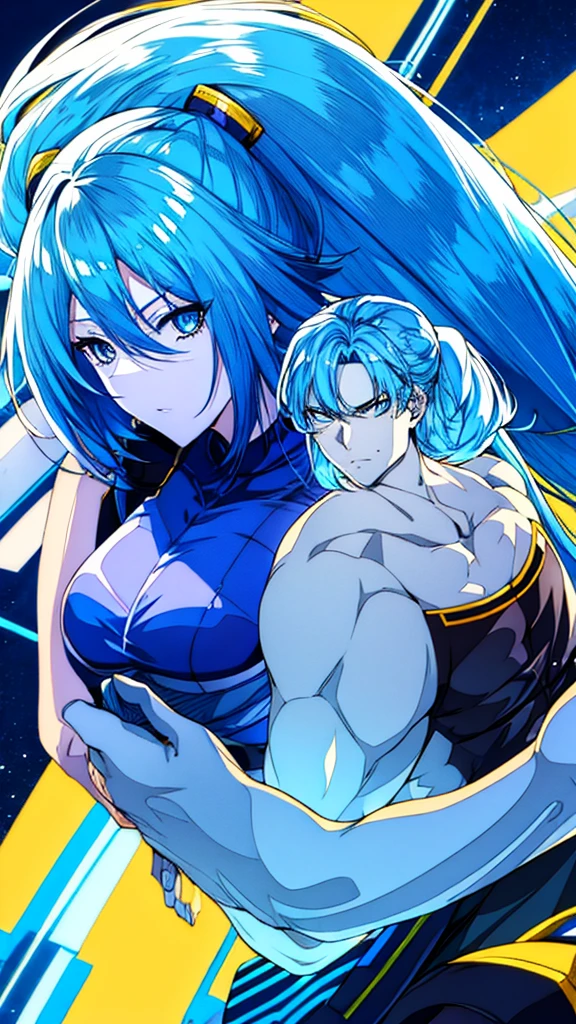 A Anime Girl Blue Hair Long Blue Eyes White Skin She Hold Hand with A Anime Boy Yellow Hair Black Skin Very Muscular Body Background Rooftop