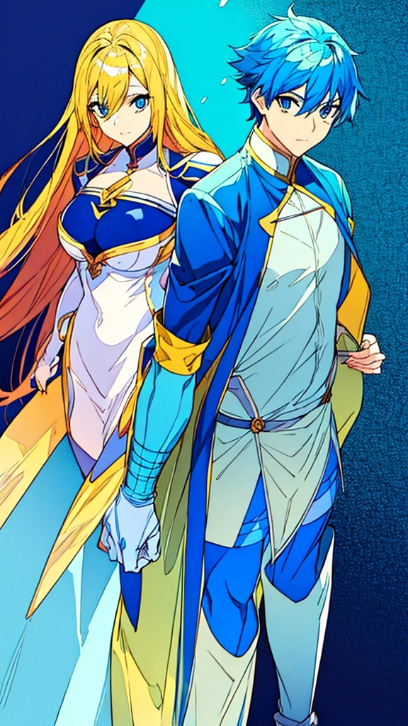 A Anime Girl Blue Hair Long Blue Eyes White Skin She Hold Hand with A Anime Boy Yellow Hair Black Skin Very Muscular Body Background Rooftop