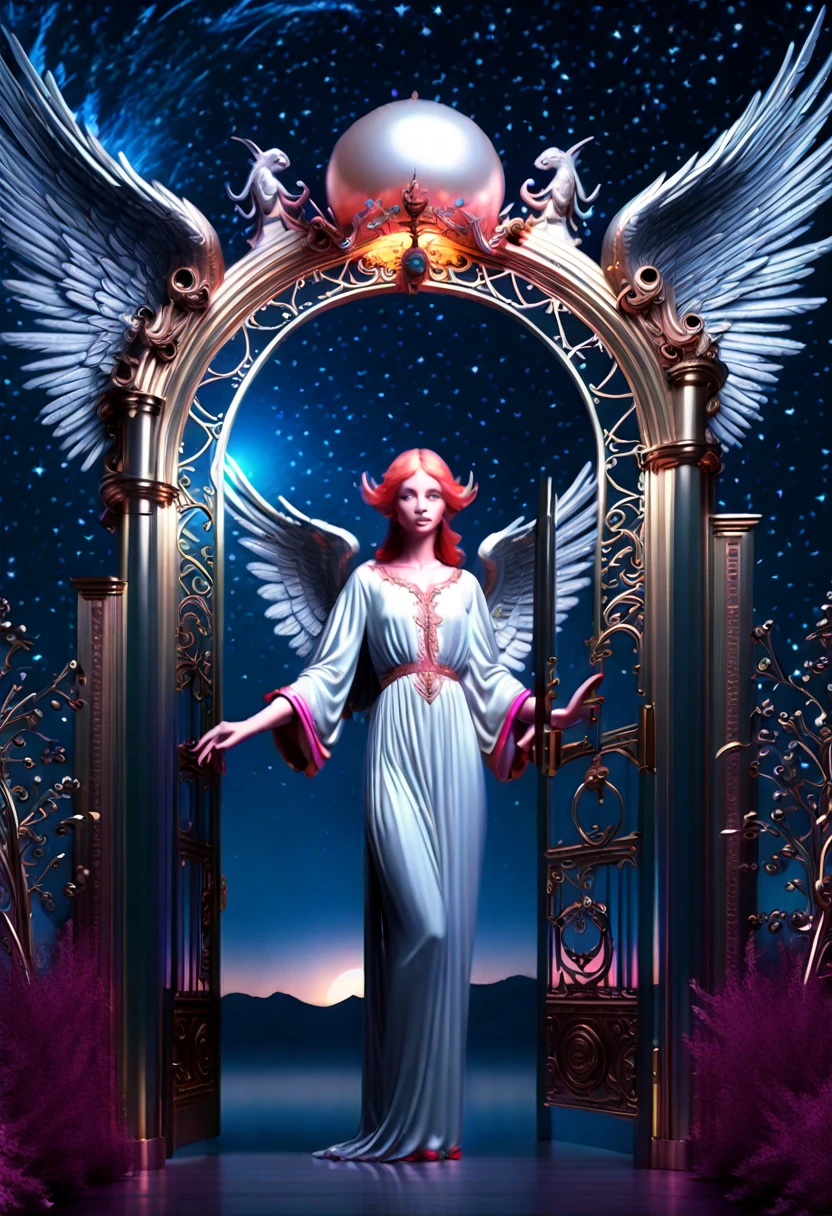 (close up of angel), The huge Pearl Gate slowly opens in the quiet night, with angels surrounding the radiant Gate of Heaven. The background is the Gate of Heaven in the radiance and the mysterious starry sky, wings, full body, (Photography), panoramic view, award-winning, cinematic still, emotional, vignette, dynamic, vivid, (masterpiece, best quality, Professional, perfect composition, very aesthetic, absurdres, ultra-detailed, intricate details:1.3)