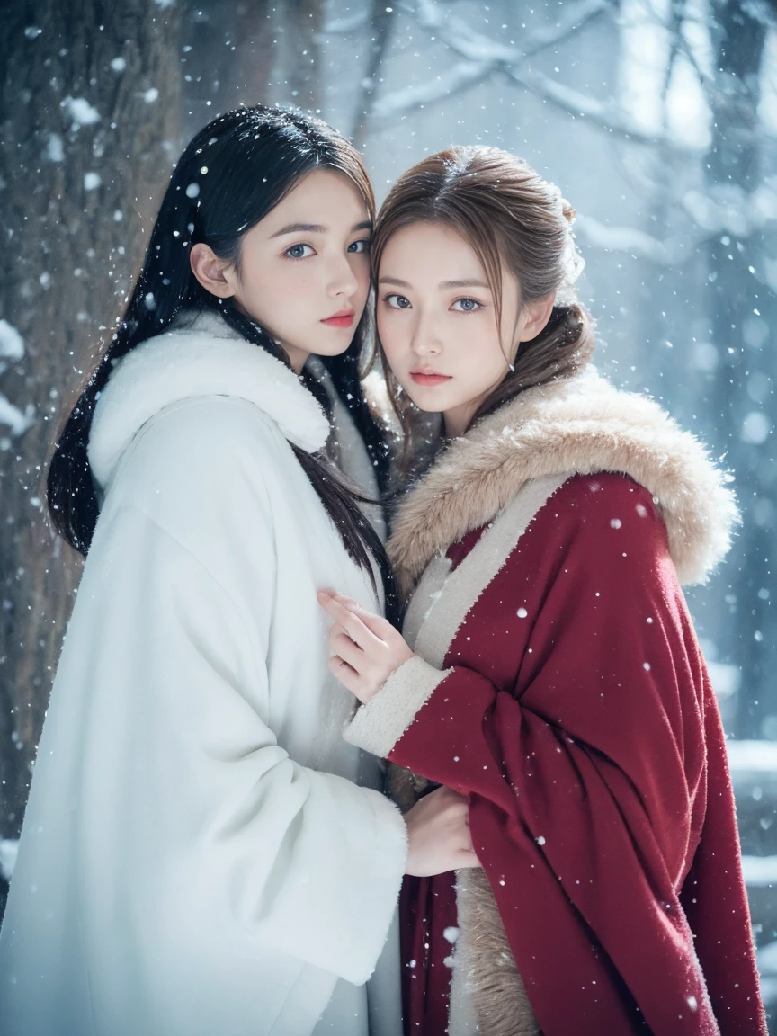 (Best quality, 8K, 32K, masutepiece, ), (High intaglio printing model),Photorealistic, high resolution, two Japan Women is deeply in love with each other, kiss, (Lolita costume),Gorgeous costumes,Face the audience,(The upper part of the body,upper legs), beautidful eyes, Brown hair, ringed eyes, (outside,Heavy snowfall,Thick fur cloak,Cover with snow),snowfield,Blue eyes,Illustrations of the highest quality,A meticulous face