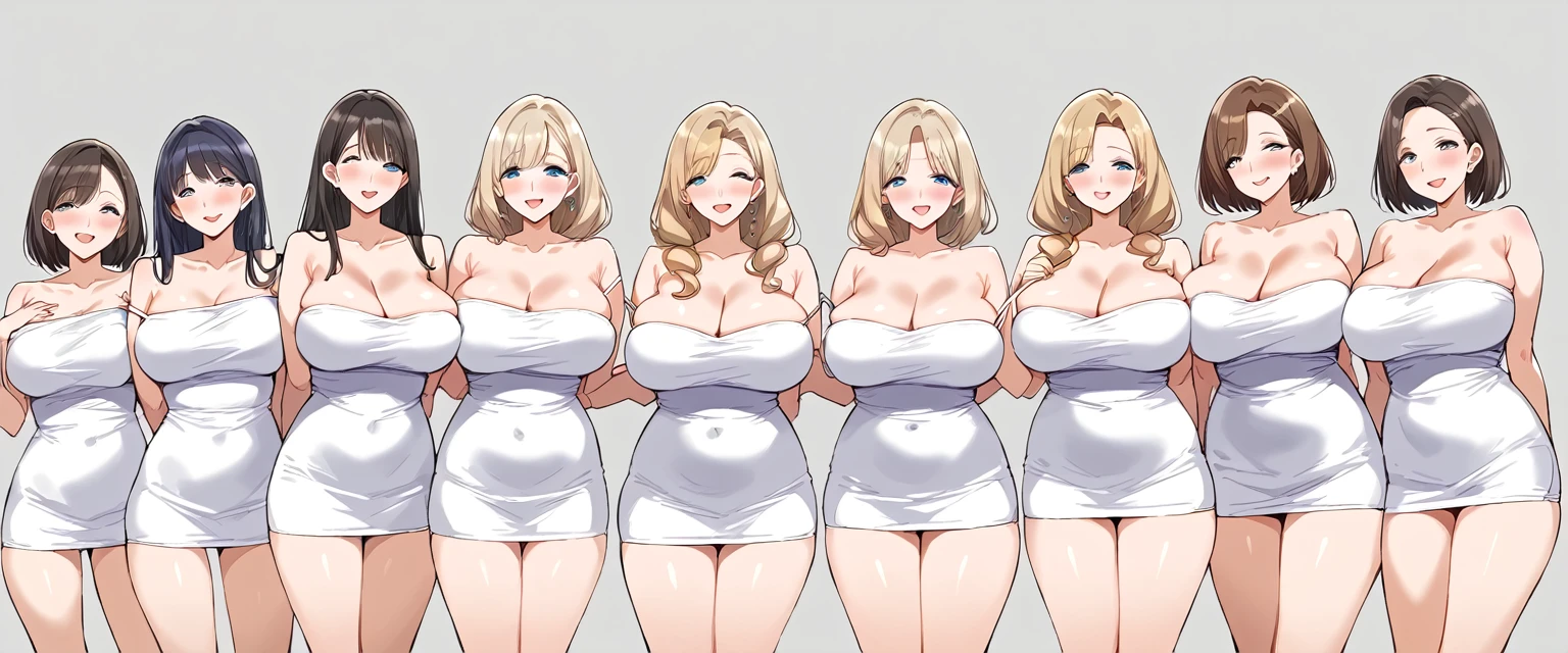 masterpiece, best quality, simple background, random hairstyle, large breasts,  6 girls, bare shoulder, milf,
