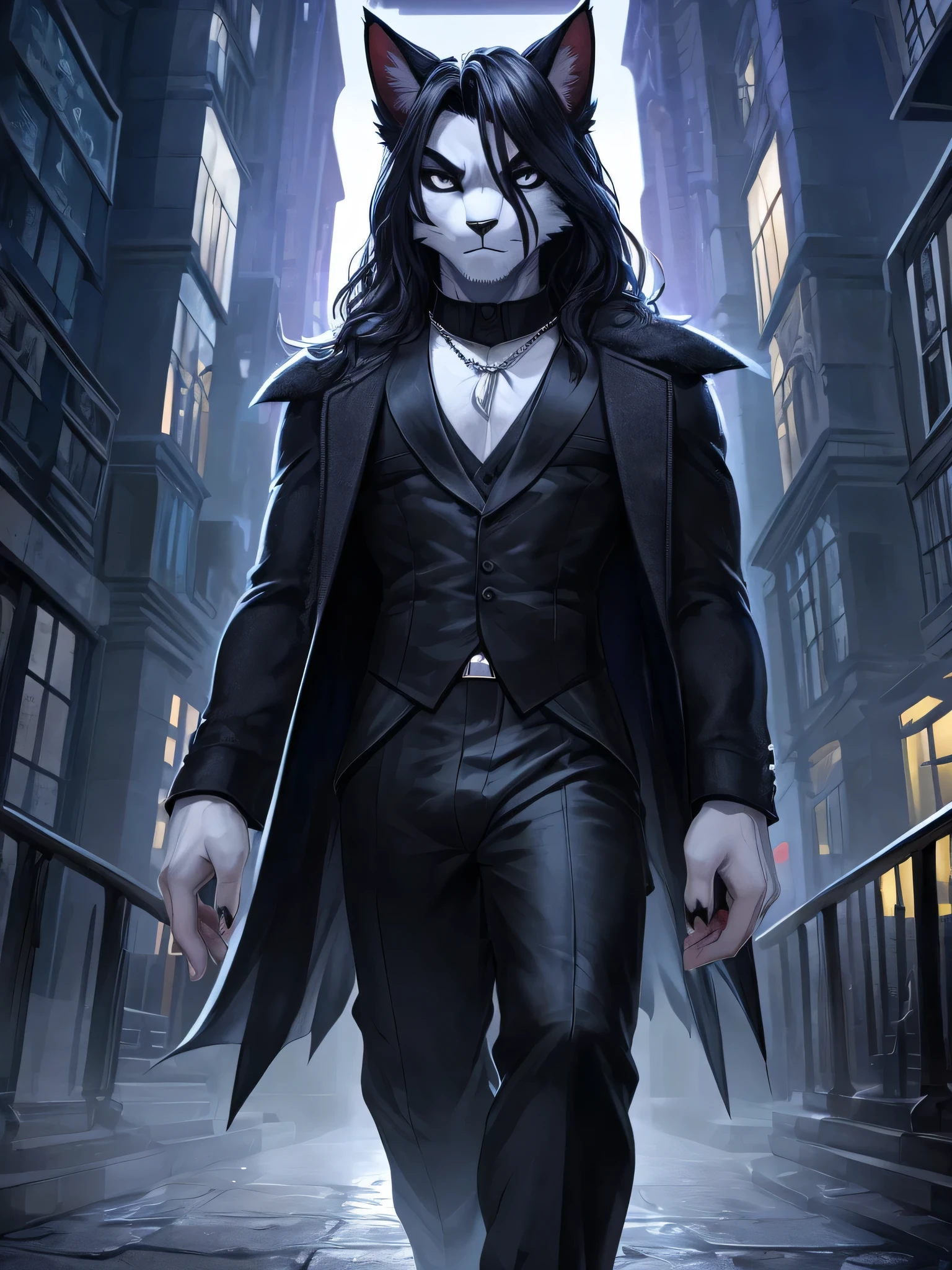 Ross Tran, ruan jia, trending on artstation, Male, (Male anthro cat:1.3), (Black fur with white fur patterns:1.1), (walking towards viewer:1.3), (Foggy night city:1.23), (Blank expression:1.3), detailed eyes, black nose, (detailed eyes), (sharp white eyes), detailed background, 8k hd, (dark shadows, wide dynamic range, hdr, low light:1.2), (Skinny physique), black eyeshadow, (Long wavy black hair), (black long coat, black turtleneck, silver necklace, black dress pants), ((Gothic)),